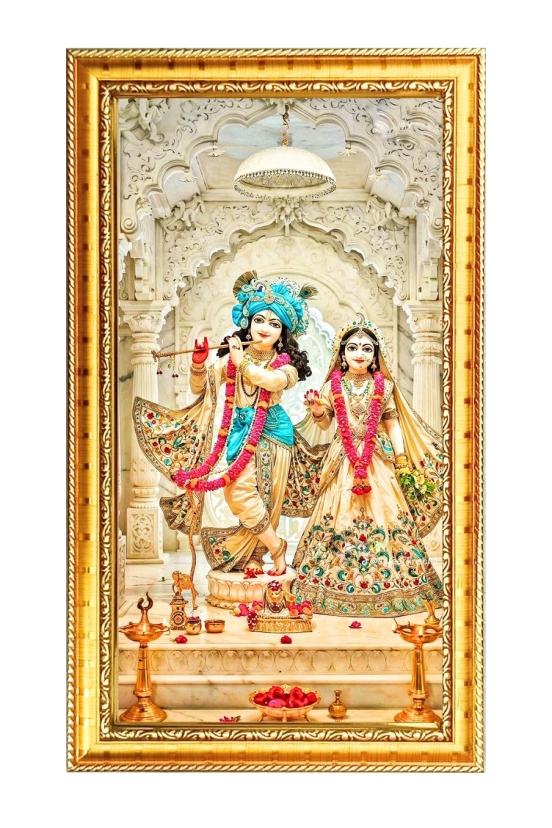 Divine Radha Krishna Digital Golden Color Photo Frame | Hindu Religious Wall Decor | 8x15 Inches - Inspirational Wall Art For Office, Home Decor - Ideal Spiritual Gift (F10267)