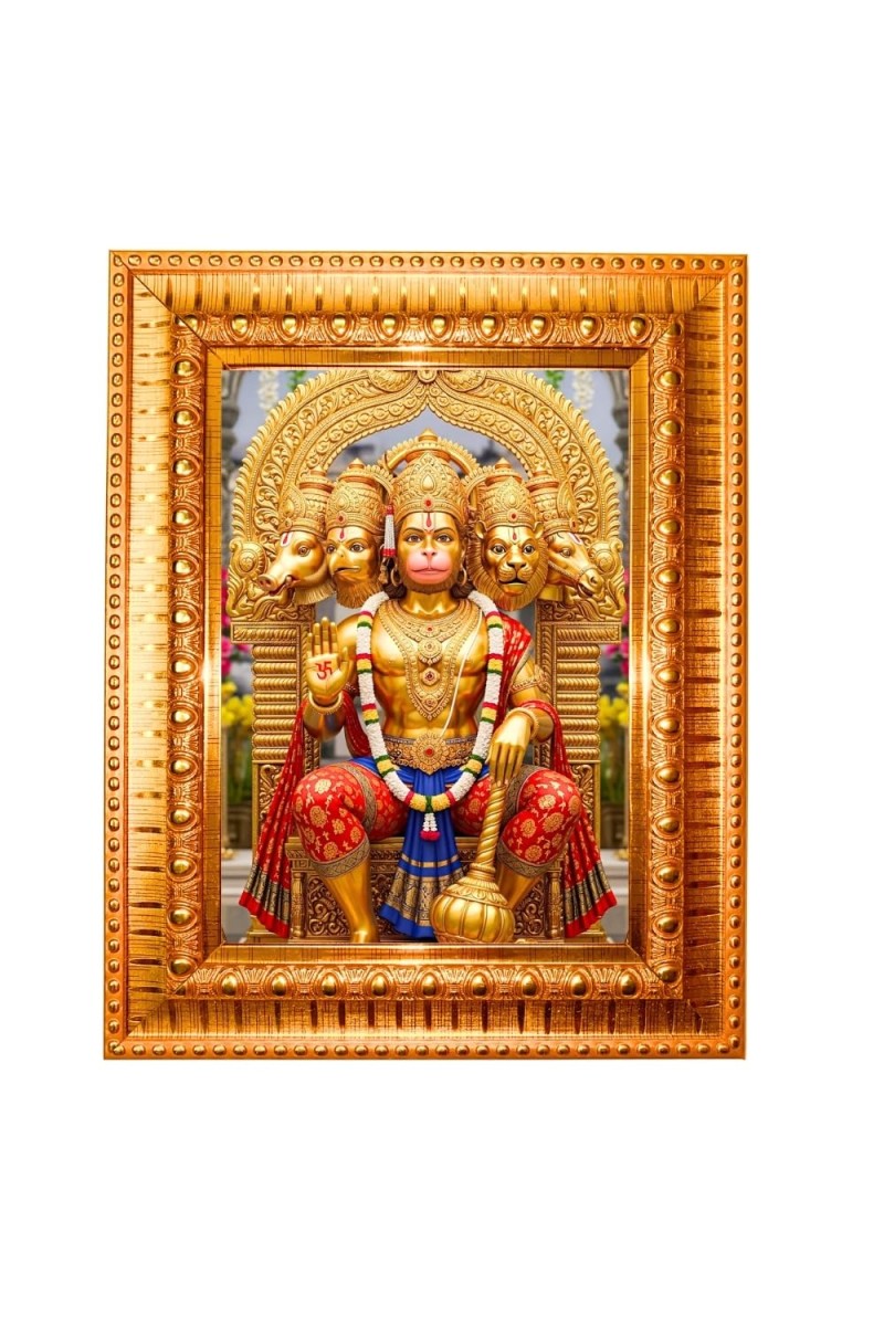Lord Hanuman Golden Designer Photo Frame | 12x16 Inch Religious Wall Hanging Frame For Home & Office Decoration | Hindu Deity Spiritual Gift Item