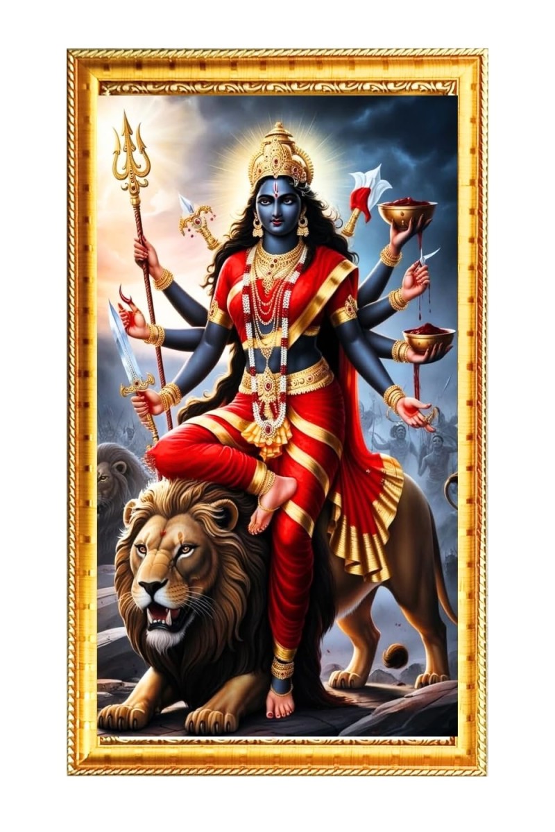 Devi Durga Digital Golden Color Photo Frame | Hindu Religious Wall Decor | 10x17 Inches - Inspirational Wall Art For Office, Home Decor - Ideal Spiritual Gift (F10209)
