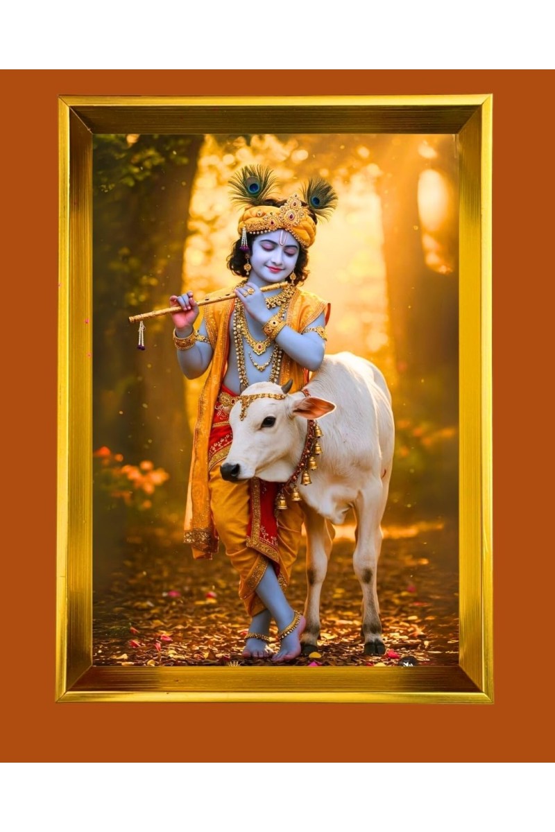Divine Krishna Golden Photo Frame - 16x20 Inches | Elegant Wooden Frame For Home, Office & Temple Decoration | Spiritual Wall & Table Decor And Gift Item (F9874)