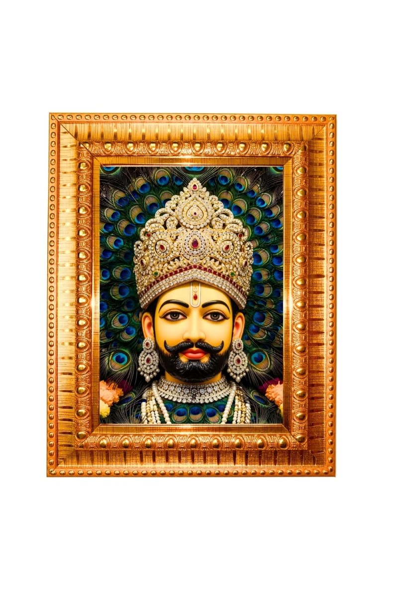 Khatu Shyam Ji Golden Designer Photo Frame | 18x22 Inch Religious Wall Hanging Frame For Home & Office Decoration | Hindu Deity Spiritual Gift Item
