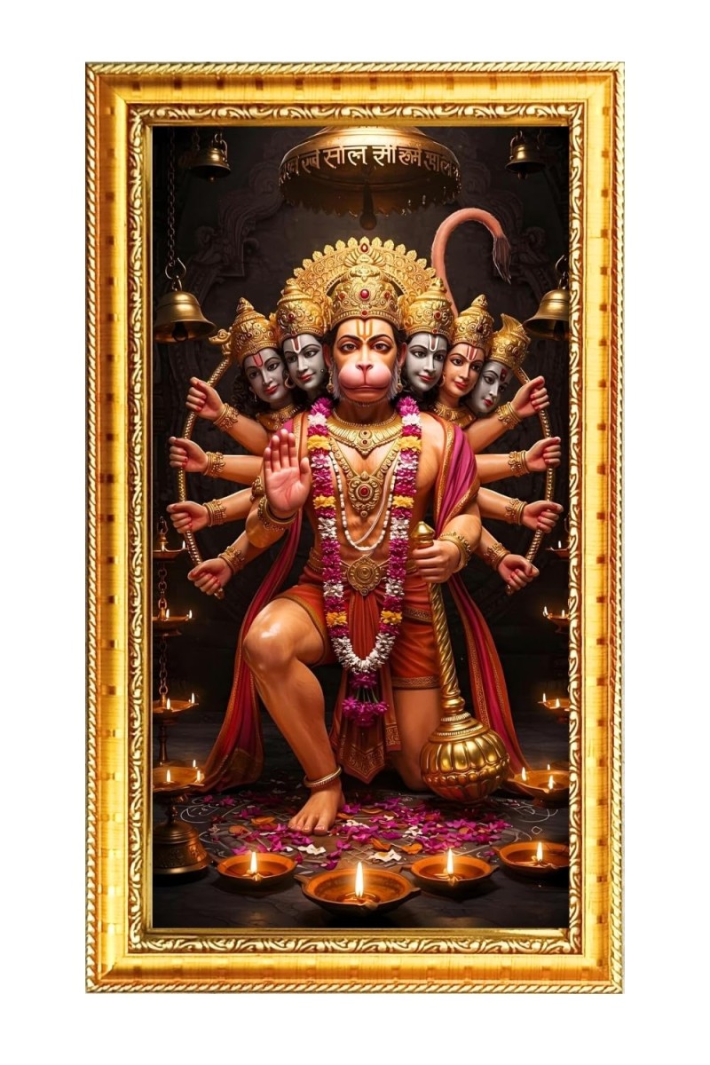 Lord Manchamukhi Hanuman Digital Golden Color Photo Frame | Hindu Religious Wall Decor | 8x15 Inches - Inspirational Wall Art For Office, Home Decor - Ideal Spiritual Gift (F10251)