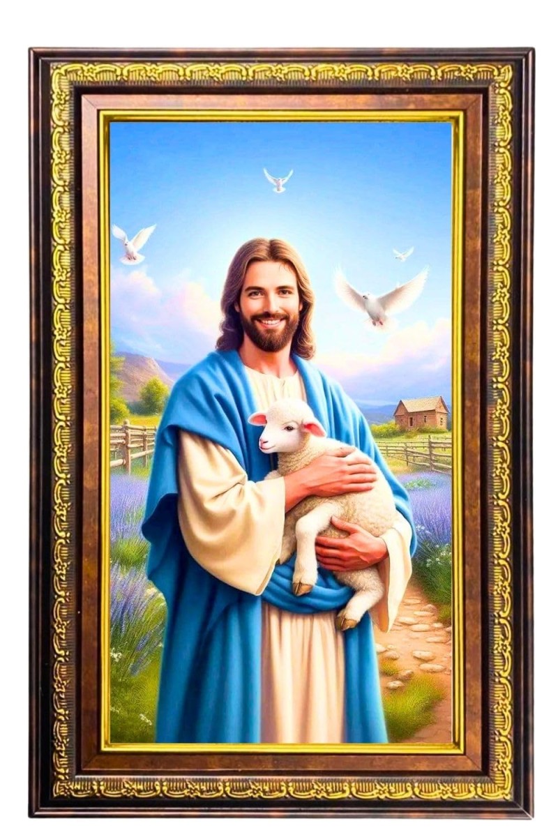 Lord Jesus Digital Golden Balck Color Photo Frame | Hindu Religious Wall Decor | 10x16 Inches - Inspirational Wall Art For Office, Home Decor - Ideal Spiritual Gift (F16734)