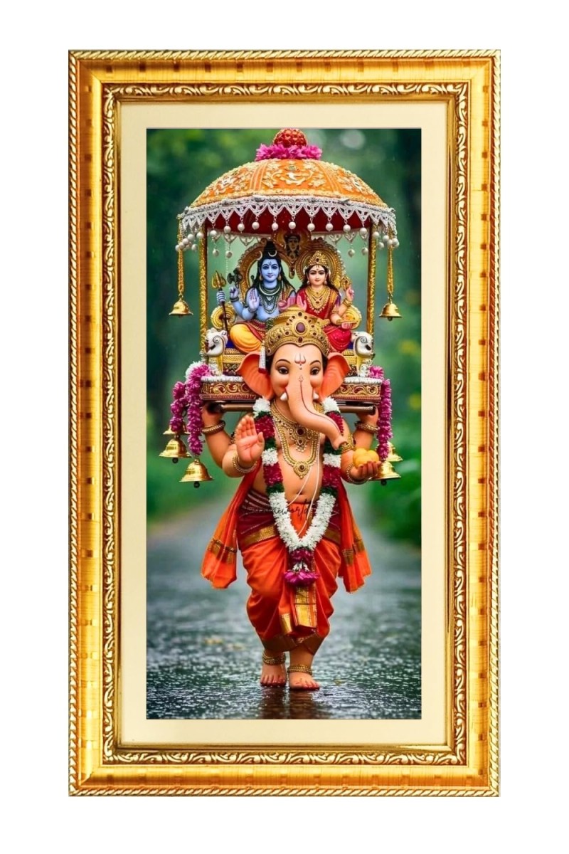 Lord Ganesh Digital Golden Color Photo Frame | Hindu Religious Wall Decor | 8x15 Inches - Inspirational Wall Art For Office, Home Decor - Ideal Spiritual Gift (F10189)