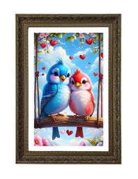 Two Cartoon Lovebirds On A Swing Big Photo Frame - 20x28 Inches For Home,Temple & Office Decoration (F10681)