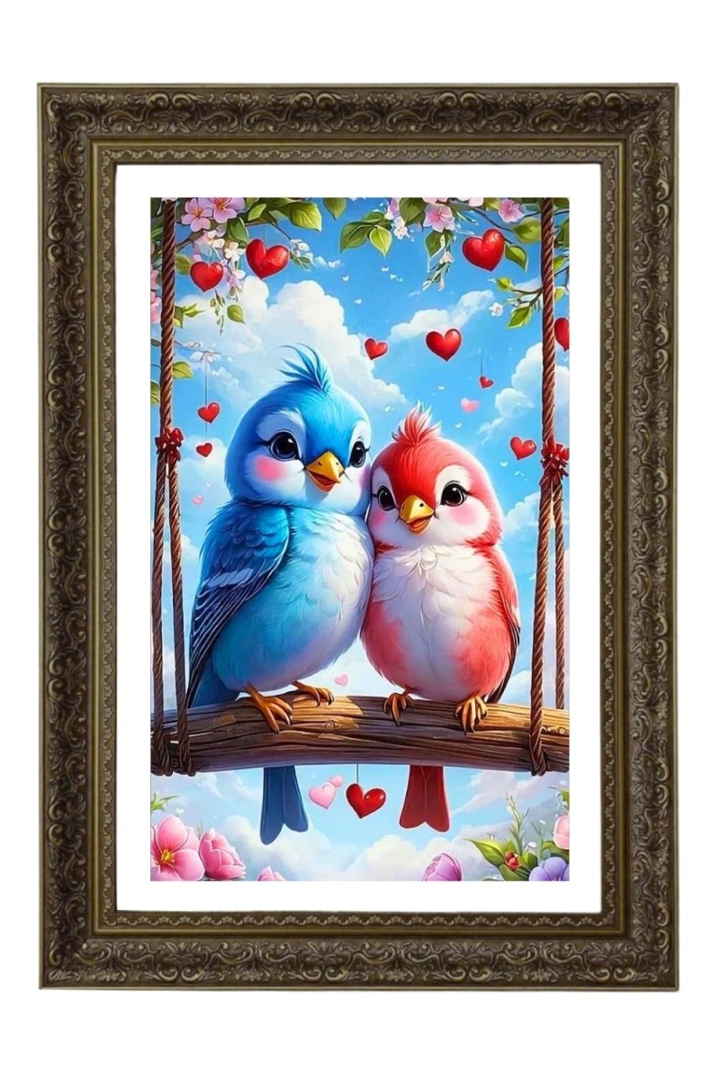 Two Cartoon Lovebirds On A Swing Big Photo Frame - 20x28 Inches For Home,Temple & Office Decoration (F10681)