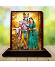 Car Desk/Table Top Lord Krishna And Radha Wooden Photo Stand 3x4 Inches, Compact & Stylish Spiritual Display For Car, Home & Office (Pack Of 1) (F14386)