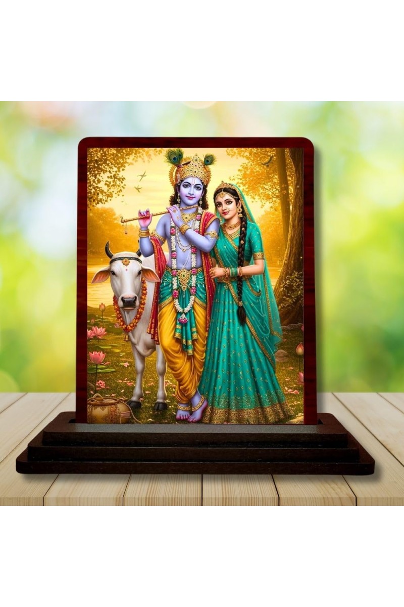 Car Desk/Table Top Lord Krishna And Radha Wooden Photo Stand 3x4 Inches, Compact & Stylish Spiritual Display For Car, Home & Office (Pack Of 1) (F14386)