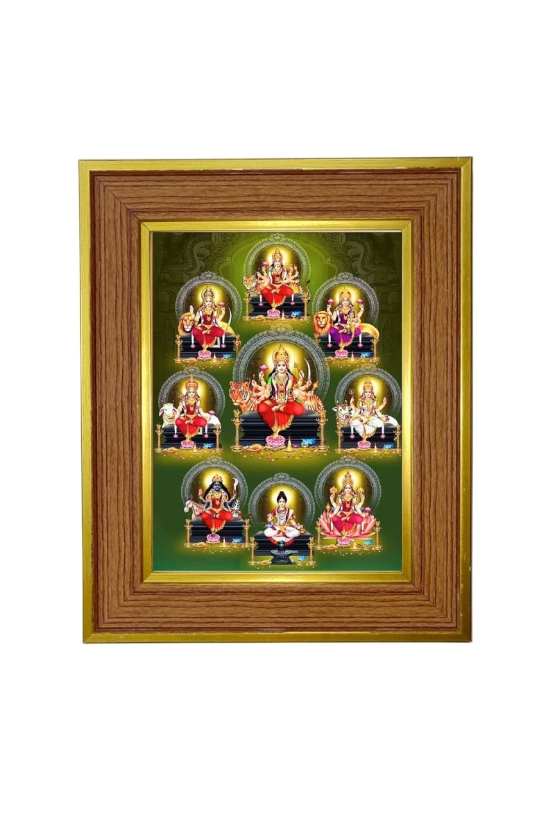 Goddess Nava Durga Photo Frame 10x14 Inches-Brown Wooden Frame For Home, Office & Temple Decoration And Gifting (F6287)