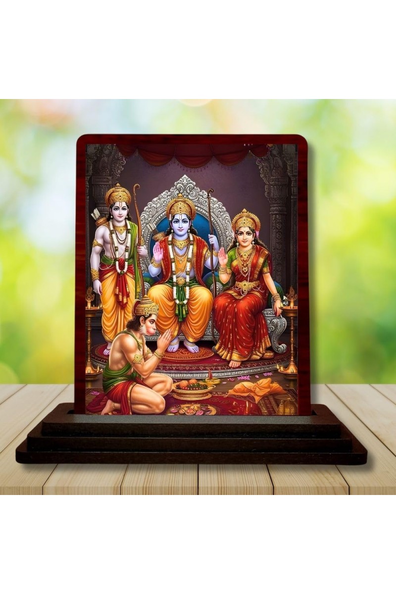 Car Desk/Table Top Lord Rama Darbar Wooden Photo Stand 3x4 Inches, Compact & Stylish Spiritual Display For Car, Home & Office (Pack Of 1) (F14294)