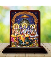 Car Desk/Table Top Bramha Vishnu Shiva Wooden Photo Stand 3x4 Inches, Compact & Stylish Spiritual Display For Car, Home & Office (Pack Of 1) (F14248)