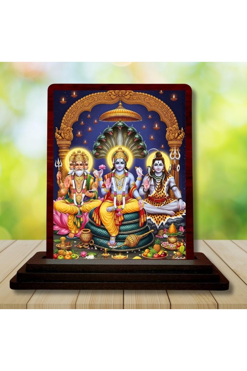 Car Desk/Table Top Bramha Vishnu Shiva Wooden Photo Stand 3x4 Inches, Compact & Stylish Spiritual Display For Car, Home & Office (Pack Of 1) (F14248)