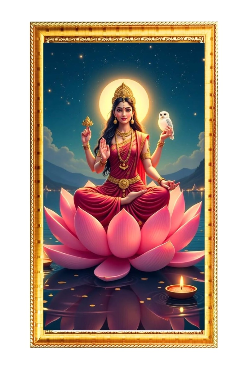 Mata Laxmi Digital Golden Color Photo Frame | Hindu Religious Wall Decor | 8x15 Inches - Inspirational Wall Art For Office, Home Decor - Ideal Spiritual Gift (F10203)