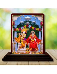 Car Desk/Table Top Lord Krishna Radha Wooden Photo Stand 3x4 Inches, Compact & Stylish Spiritual Display For Car, Home & Office (Pack Of 1) (F14179)