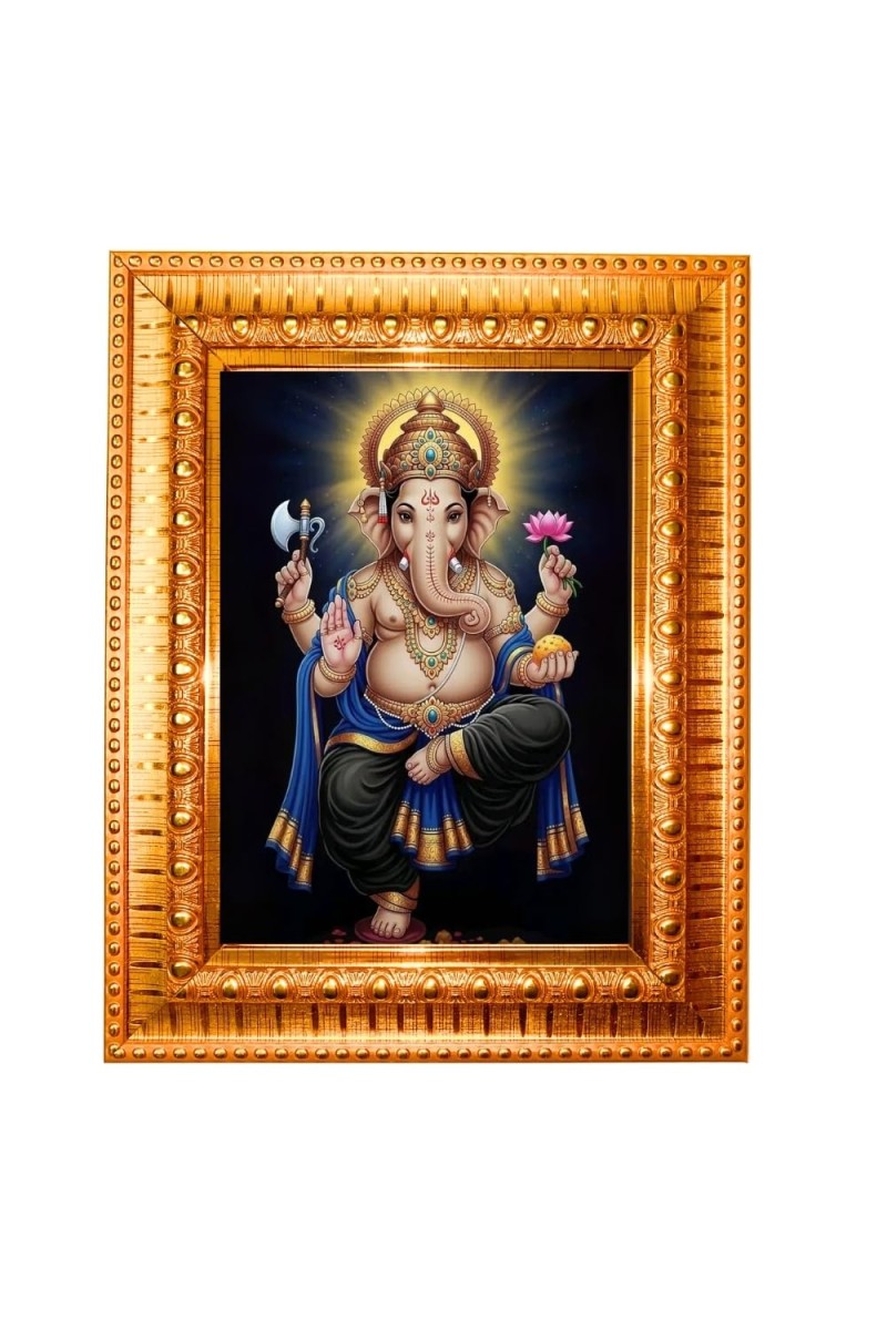 Lord Ganesh Golden Designer Photo Frame | 10x14 Inch Religious Wall Hanging Frame For Home & Office Decoration | Hindu Deity Lord Ganesh Spiritual Gift Item