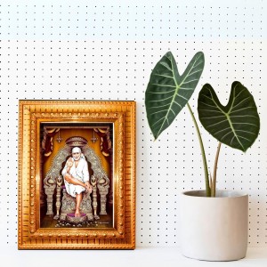 Shirdi Sai Baba Golden Designer Photo Frame | 10x14 Inch Religious Wall Hanging Frame For Home & Office Decoration | Hindu Deity Shirdi Sai Baba Spiritual Gift Item