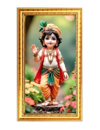 Cute Little Baby Krishna Digital Golden Color Photo Frame | Hindu Religious Wall Decor | 8x15 Inches - Inspirational Wall Art For Office, Home Decor - Ideal Spiritual Gift (F10245)
