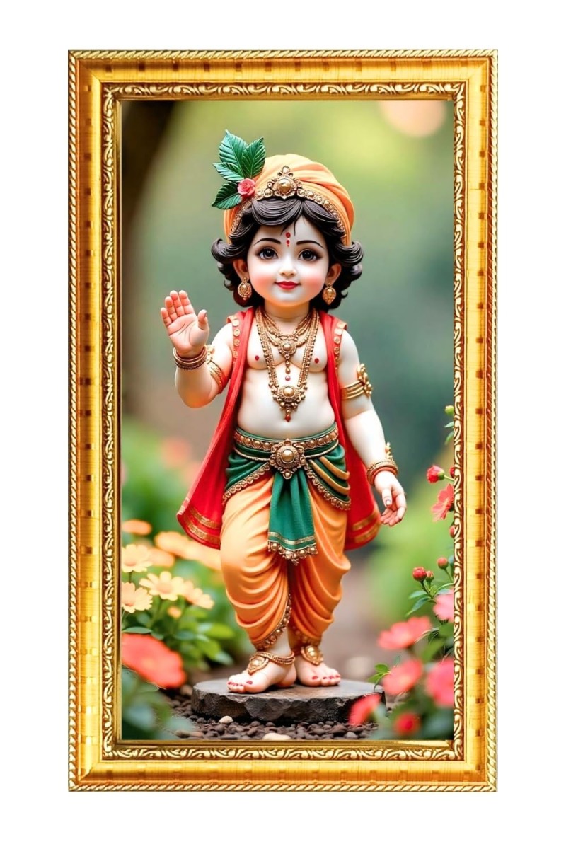 Cute Little Baby Krishna Digital Golden Color Photo Frame | Hindu Religious Wall Decor | 8x15 Inches - Inspirational Wall Art For Office, Home Decor - Ideal Spiritual Gift (F10245)