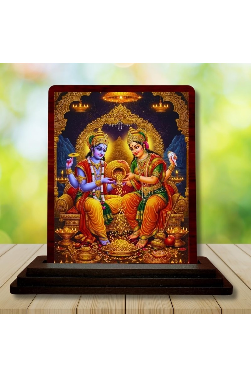 Car Desk/Table Top Lord Vishnu Laxmi Wooden Photo Stand â€“ 3x4 Inches, Compact & Stylish Spiritual Display For Car, Home & Office (Pack Of 1) (F15109)