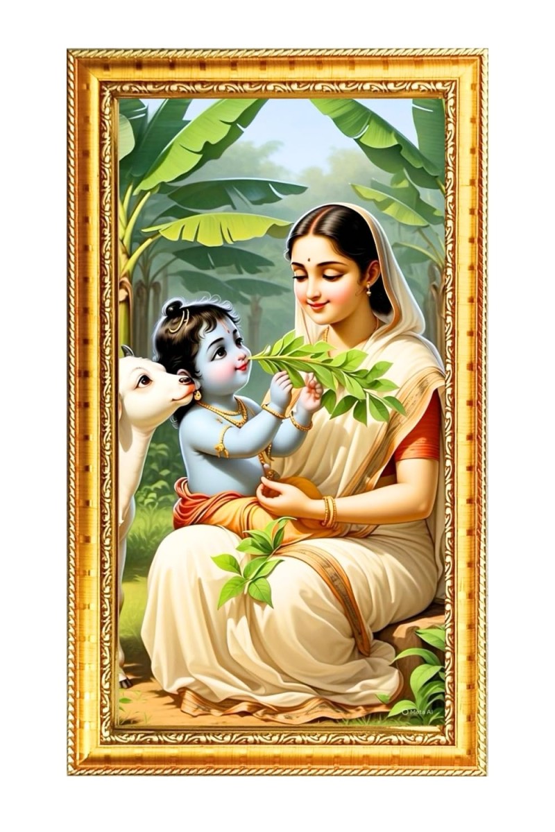 Yashoda And Baby Gopal Digital Golden Color Photo Frame | Hindu Religious Wall Decor | 8x15 Inches - Inspirational Wall Art For Office, Home Decor - Ideal Spiritual Gift (F10252)