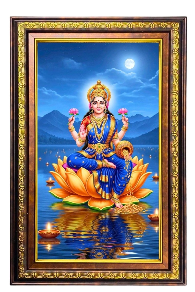 Goddess Lakshmi Digital Golden Balck Color Photo Frame | Hindu Religious Wall Decor | 10x16 Inches - Inspirational Wall Art For Office, Home Decor - Ideal Spiritual Gift (F16590)
