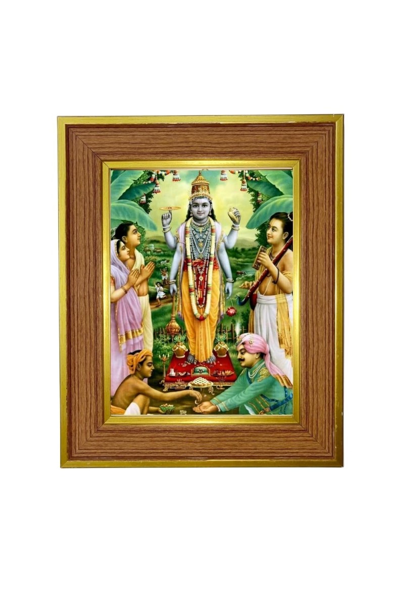 Sri Sathya Narayana Swami Photo Frame 14x18 Inches-Brown Wooden Frame For Home, Office & Temple Decoration And Gifting (F6236)