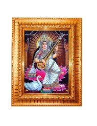 Goddess Saraswati Golden Designer Photo Frame | 18x22 Inch Religious Wall Hanging Frame For Home & Office Decoration | Hindu Deity Spiritual Gift Item