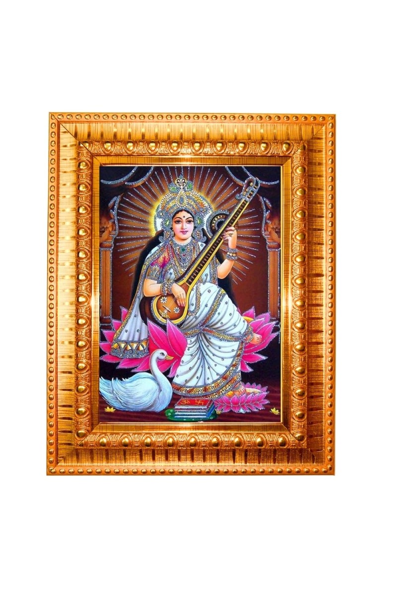 Goddess Saraswati Golden Designer Photo Frame | 18x22 Inch Religious Wall Hanging Frame For Home & Office Decoration | Hindu Deity Spiritual Gift Item