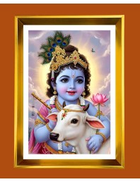 Little Krishna Golden Photo Frame - 14x18 Inches | Elegant Wooden Frame For Home, Office & Temple Decoration | Spiritual Wall & Table Decor And Gift Item (F9457)
