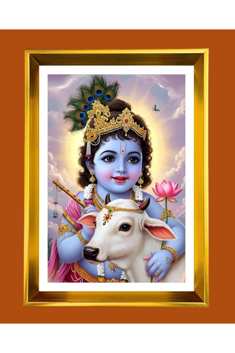 Little Krishna Golden Photo Frame - 10x14 Inches | Elegant Wooden Frame For Home, Office & Temple Decoration | Spiritual Wall & Table Decor And Gift Item (F9457)