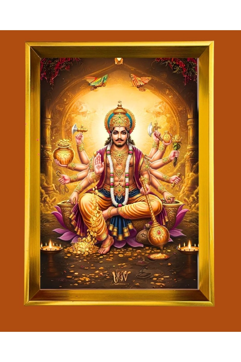 Lord Kubera Golden Photo Frame - 10x14 Inches | Elegant Wooden Frame For Home, Office & Temple Decoration | Spiritual Wall & Table Decor And Gift Item (F9546)