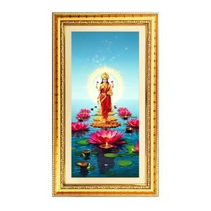 Mata Laxmi Digital Golden Color Photo Frame | Hindu Religious Wall Decor | 8x15 Inches - Inspirational Wall Art For Office, Home Decor - Ideal Spiritual Gift (F10383)