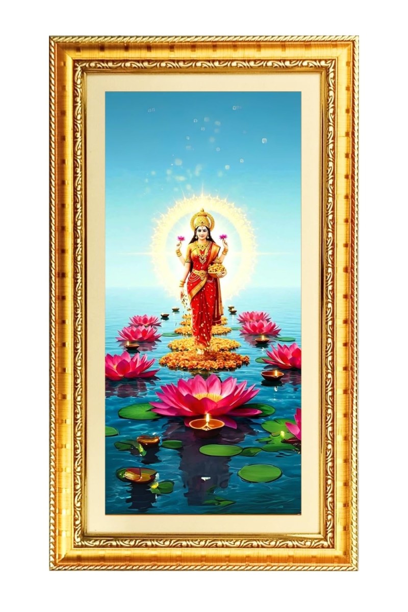 Mata Laxmi Digital Golden Color Photo Frame | Hindu Religious Wall Decor | 8x15 Inches - Inspirational Wall Art For Office, Home Decor - Ideal Spiritual Gift (F10383)