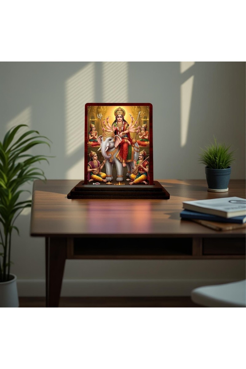 Car Desk/Table Top Maa Durga Wooden Photo Stand 3x4 Inches, Compact & Stylish Spiritual Display For Car, Home & Office (Pack Of 1) (F15060)