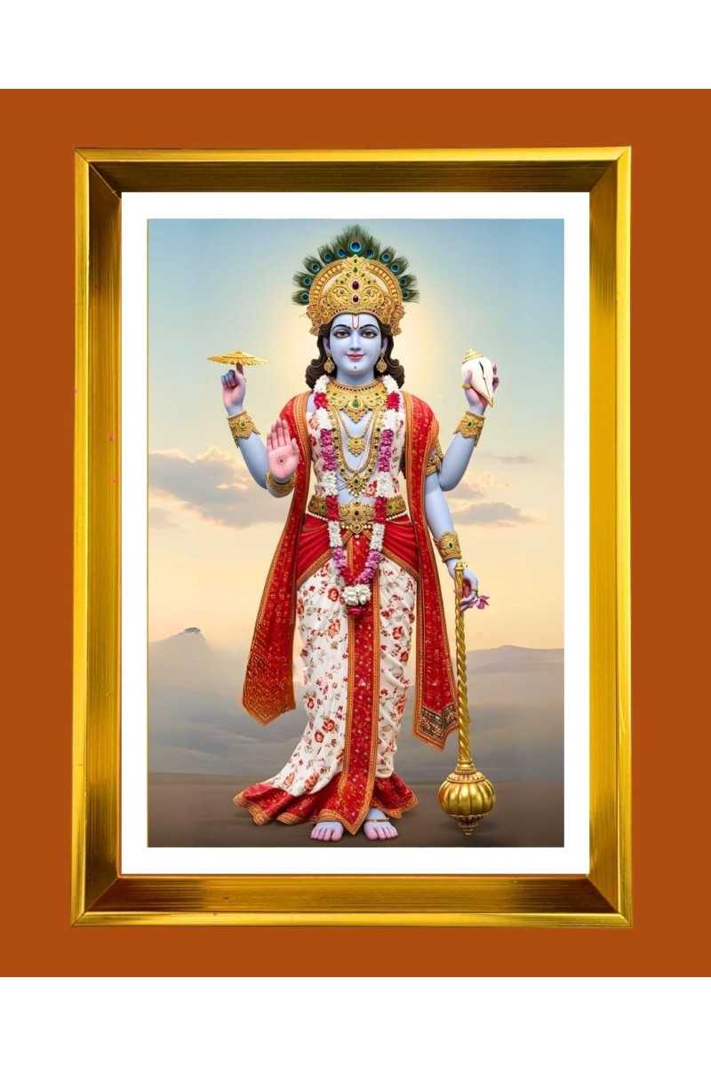 Lord Vishnu Golden Photo Frame - 12x16 Inches | Elegant Wooden Frame For Home, Office & Temple Decoration | Spiritual Wall & Table Decor And Gift Item (F9679)