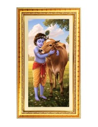 Little Krishna Digital Golden Color Photo Frame | Hindu Religious Wall Decor | 10x17 Inches - Inspirational Wall Art For Office, Home Decor - Ideal Spiritual Gift (F10190)