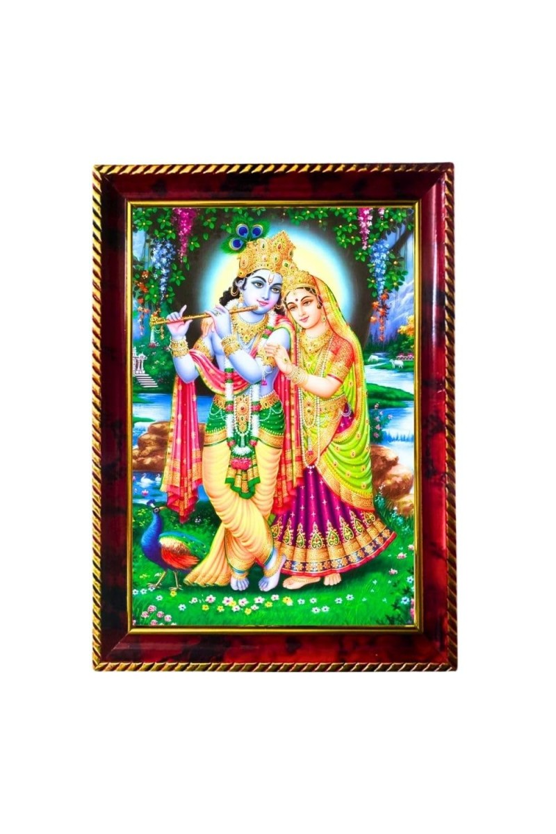 Lord Krishna And Radha Photo Frame For Wall & Table | 7x9 Inch Golden Cherry Finish | Decorative Lord Krishna And Radha Photo Frame For Home, Office & Pooja Room (F11789)