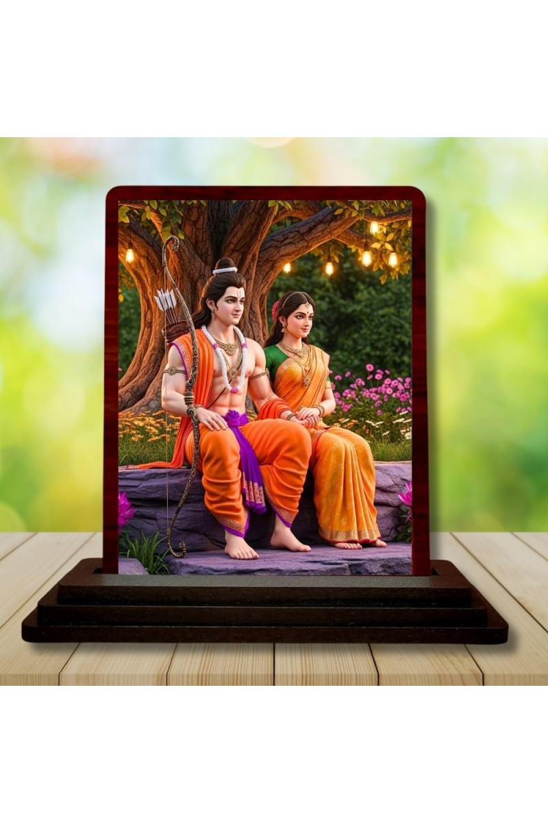 Car Desk/Table Top Lord Rama Sita Wooden Photo Stand 3x4 Inches, Compact & Stylish Spiritual Display For Car, Home & Office (Pack Of 1) (F14352)