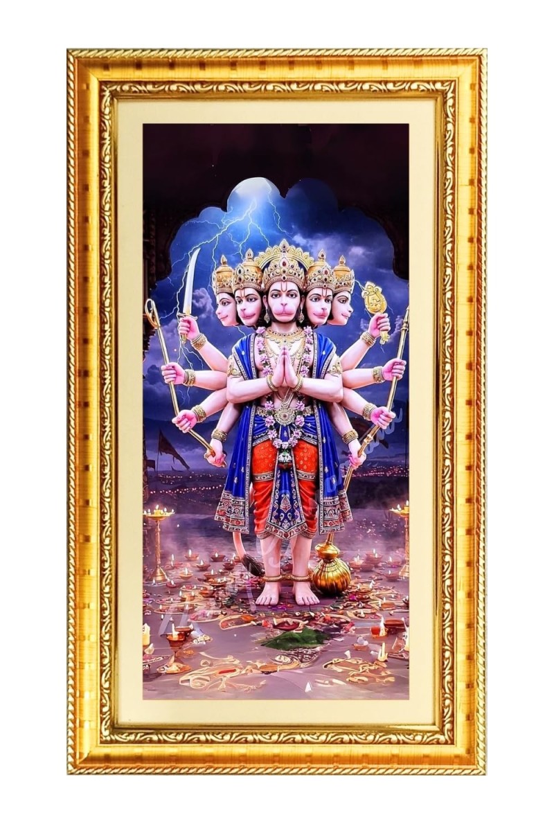 Lord Panchamukhi Hanuman Digital Golden Color Photo Frame | Hindu Religious Wall Decor | 8x15 Inches - Inspirational Wall Art For Office, Home Decor - Ideal Spiritual Gift (F10382)