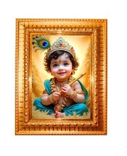 Baby Krishna Golden Designer Photo Frame | 10x14 Inch Religious Wall Hanging Frame For Home & Office Decoration | Hindu Deity Baby Krishna Spiritual Gift Item