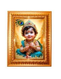 Baby Krishna Golden Designer Photo Frame | 10x14 Inch Religious Wall Hanging Frame For Home & Office Decoration | Hindu Deity Baby Krishna Spiritual Gift Item