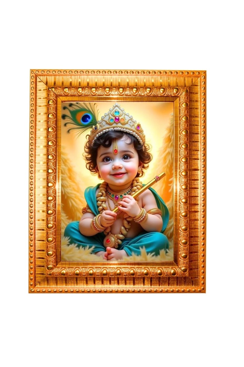 Baby Krishna Golden Designer Photo Frame | 10x14 Inch Religious Wall Hanging Frame For Home & Office Decoration | Hindu Deity Baby Krishna Spiritual Gift Item