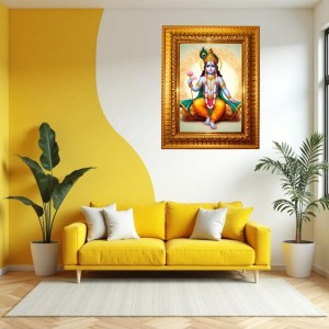 Shree Krishna Golden Designer Photo Frame | 10x14 Inch Religious Wall Hanging Frame For Home & Office Decoration | Hindu Deity Shree Krishna Spiritual Gift Item