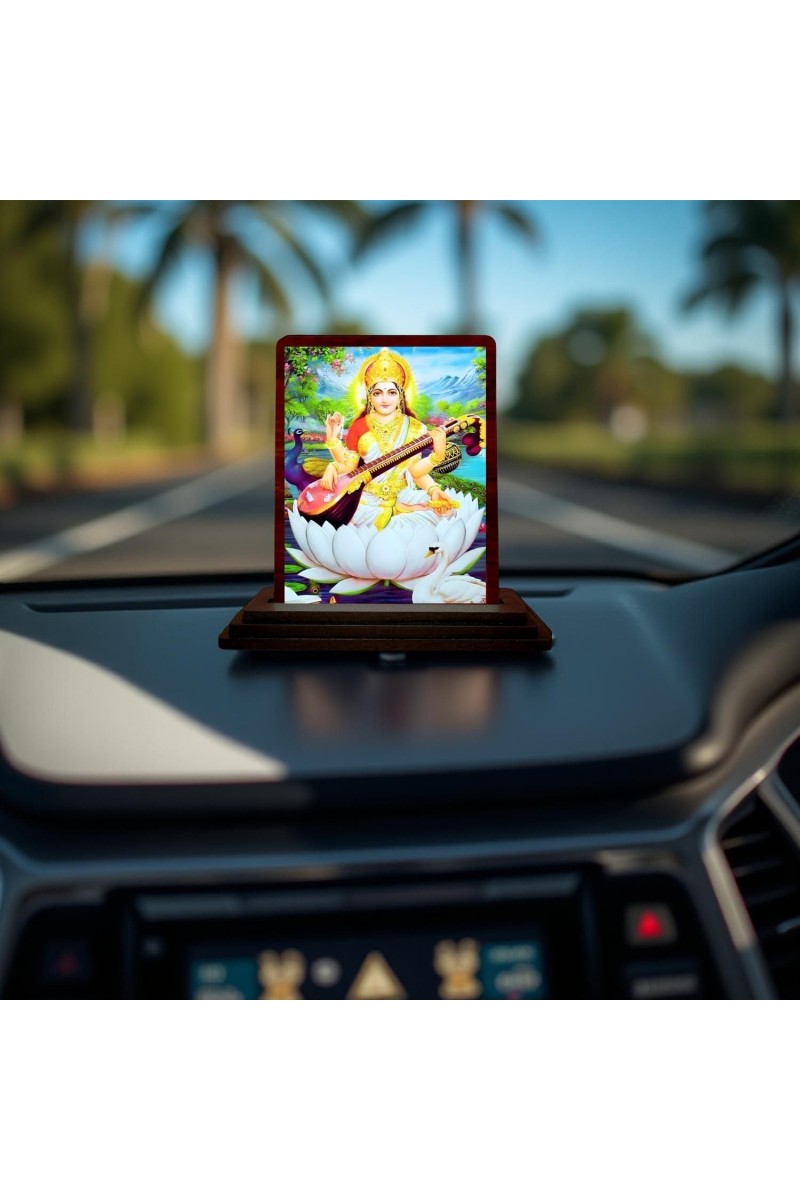 Car Desk/Table Top Goddess Saraswathi Wooden Photo Stand 3x4 Inches, Compact & Stylish Spiritual Display For Car, Home & Office (Pack Of 1) (F14137)