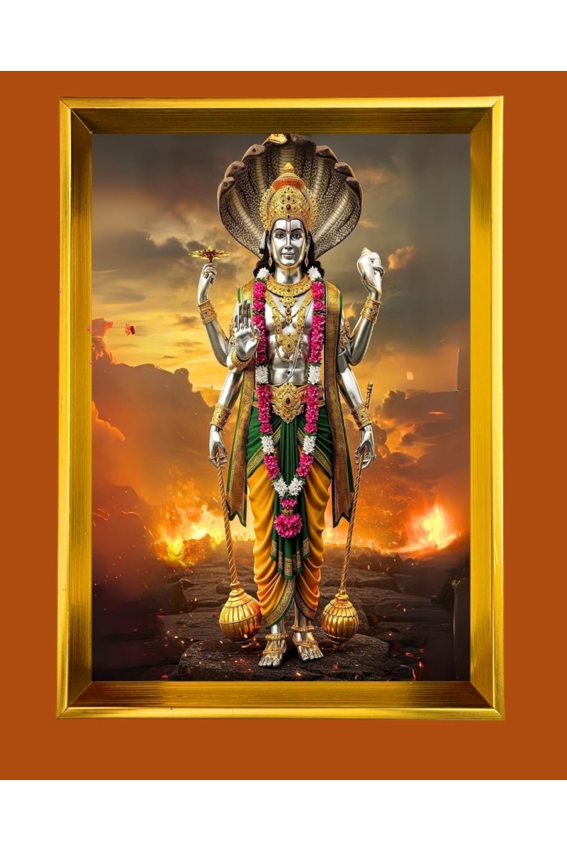 Lord Vishnu Golden Photo Frame - 16x20 Inches | Elegant Wooden Frame For Home, Office & Temple Decoration | Spiritual Wall & Table Decor And Gift Item (F9788)
