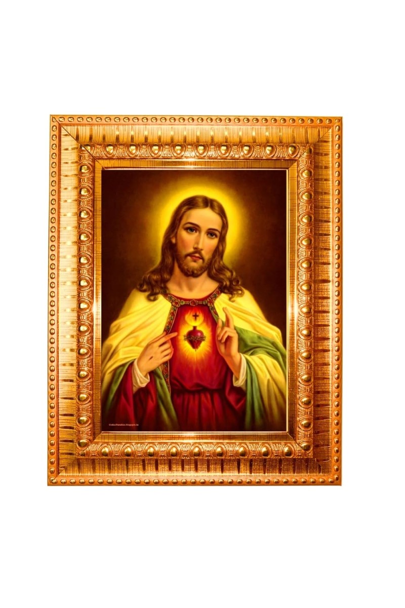 Jesus Christ Golden Designer Photo Frame | 10x14 Inch Religious Wall Hanging Frame For Home & Office Decoration | Hindu Deity Spiritual Gift Item