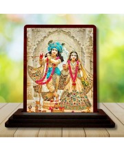 Car Desk/Table Top Radha Krishna Wooden Photo Stand 3x4 Inches, Compact & Stylish Spiritual Display For Car, Home & Office (Pack Of 1) (F14221)
