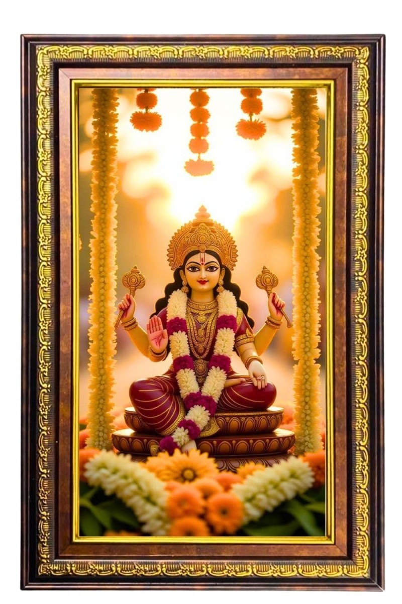 Goddess Lakshmi Digital Golden Balck Color Photo Frame | Hindu Religious Wall Decor | 10x16 Inches - Inspirational Wall Art For Office, Home Decor - Ideal Spiritual Gift (F16917)