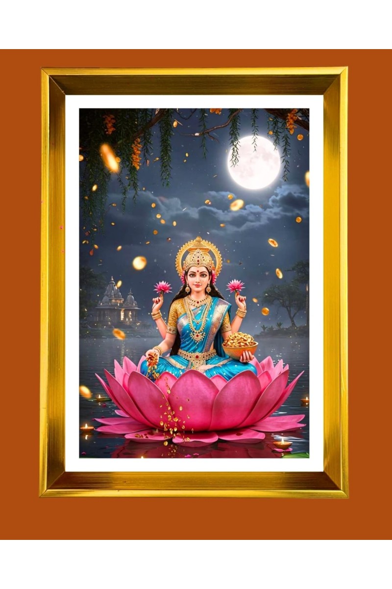 Mata Lakhsmi Golden Photo Frame - 16x20 Inches | Elegant Wooden Frame For Home, Office & Temple Decoration | Spiritual Wall & Table Decor And Gift Item (F9734)