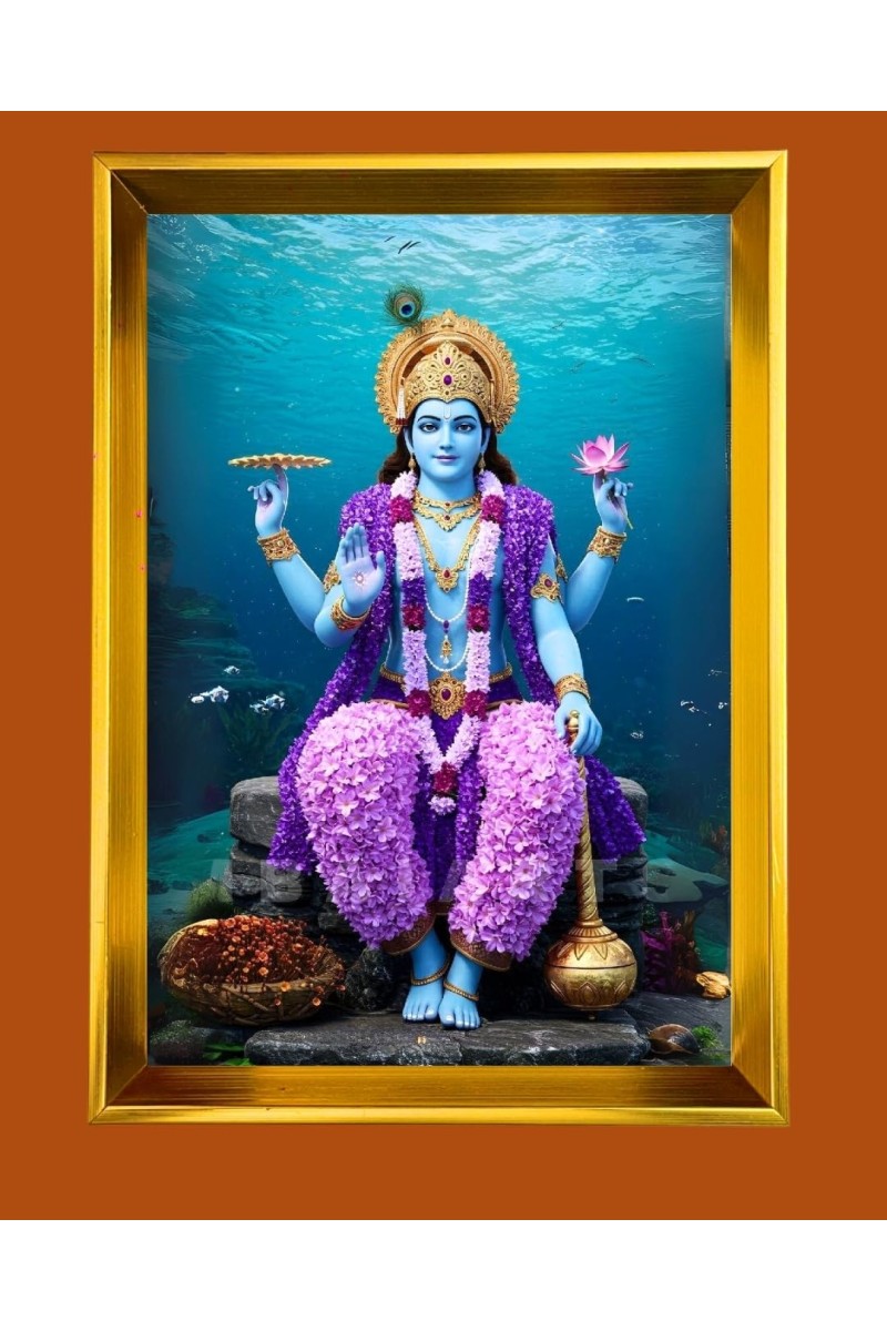 Lord Vishnu Golden Photo Frame - 16x20 Inches | Elegant Wooden Frame For Home, Office & Temple Decoration | Spiritual Wall & Table Decor And Gift Item (F9781)